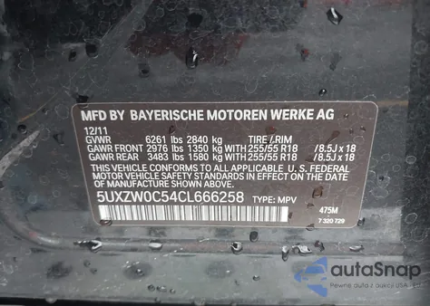 2012 BMW X5 xDrive35D z USA, uszkodzony, nr VIN 5UXZW0C54CL666258